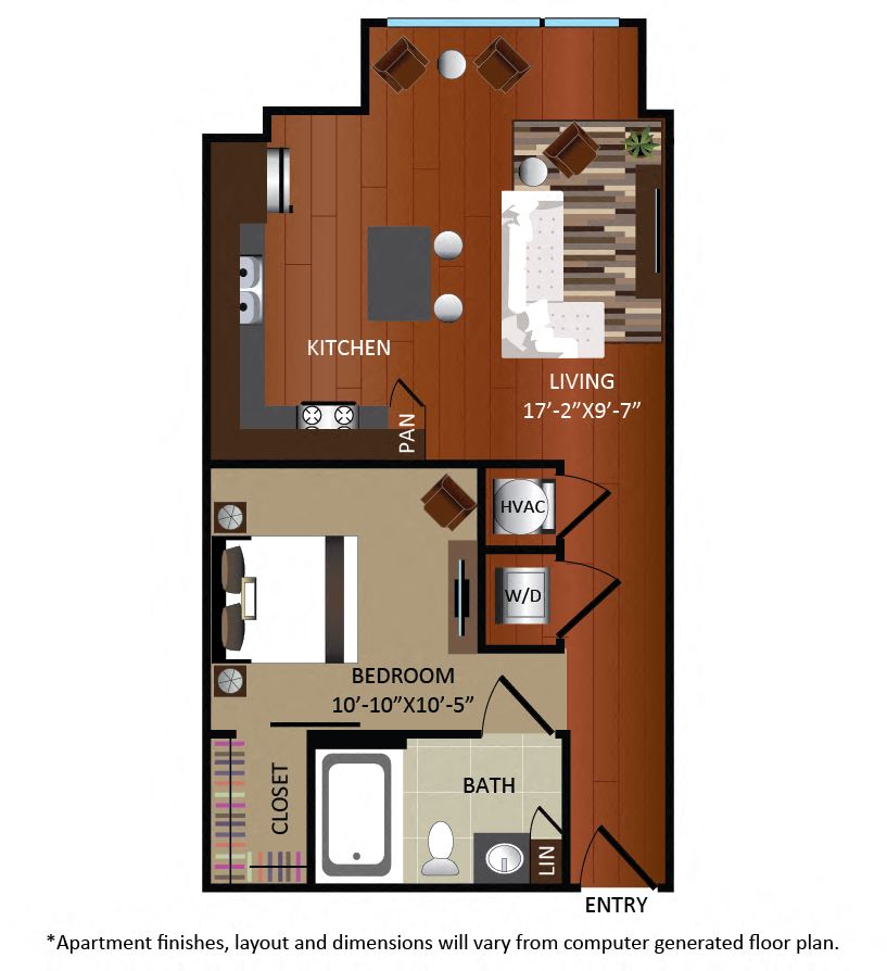 Floor plan for 1 bed, 1 bath, 627 sqft